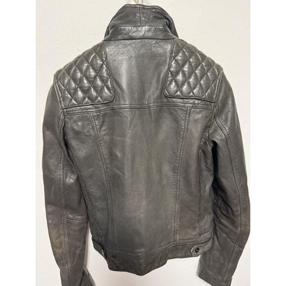 AllSaints Leather Biker Jacket Womens 4 Gray Conroy Quilted Shoulders Moto Zip - Picture 5 of 15